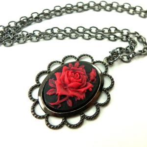 Gothic Rose Necklace Black Red Rose Cameo Pendant..
