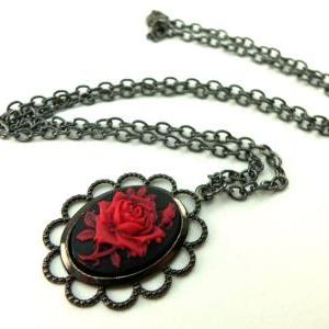 Gothic Rose Necklace Black Red Rose Cameo Pendant..