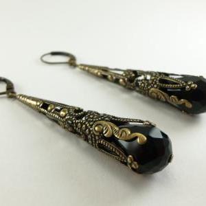 Jet Black Dangle Earrings Antiqued Brass Victorian..