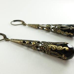 Jet Black Dangle Earrings Antiqued Brass Victorian..