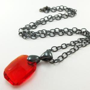 Bright Red Necklace Crystal Jewelry Dark Silver..