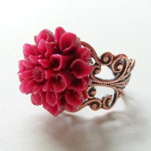Red Flower Ring Adjustable Ring Red Copper Flower..