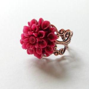 Red Flower Ring Adjustable Ring Red Copper Flower..