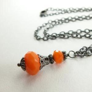 Orange Necklace Victorian Style Jewelry Gunmetal..