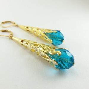 Aqua Earrings Leverback Gold Dangle Earrings..