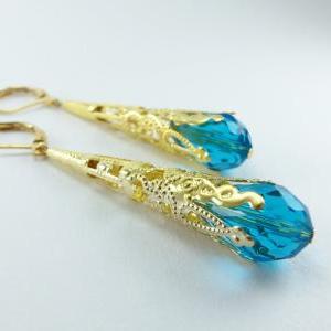 Aqua Earrings Leverback Gold Dangle Earrings..