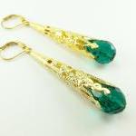 Gold Emerald Earrings Leverback Dangle Earrings..