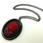 Large Rose Cameo Necklace Victorian Jewelry Red..
