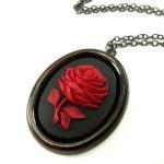 Large Rose Cameo Necklace Victorian Jewelry Red..