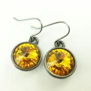 Sunflower Yellow Earrings Crystal Drop Earrings Yellow Dangle Earrings Dark Silver Gunmetal Crystal Earrings