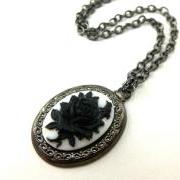 Black Rose Pendant Cameo Necklace Black and White Jewelry Gothic Necklace Victorian Cameo