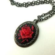 Victorian Cameo Necklace Dark Romantic Goth Necklace Dark Silver Gunmetal Red Rose Necklace