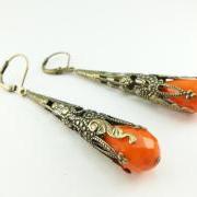 Orange Earrings Brass Filigree Leverback Dangle Earrings Teardrop Earrings Victorian Jewelry