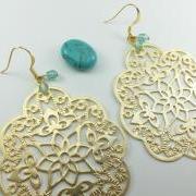Turquoise Gold Earrings Large Filigree Boho Chic Large Statement Jewelry Metal
