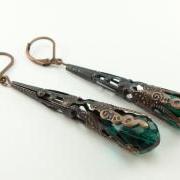 Copper Earrings Emerald Green Jewelry Long Dangle Earrings Victorian Steampunk Jewelry Filigree