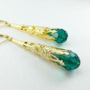 Gold Emerald Earrings Leverback Dangle Earrings Victorian Jewelry Filigree Earrings Long Dangle