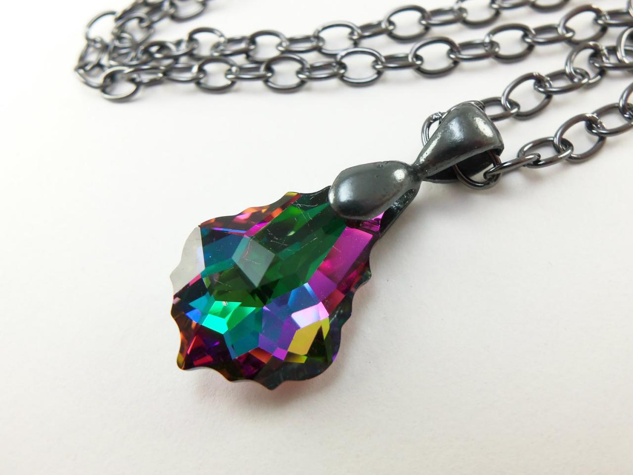 Dark Crystal Necklace Rainbow Pendant Rainbow Necklace Dark Rainbow Jewelry Gunmetal Necklace Dark Silver