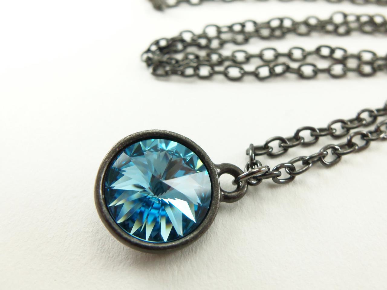 Aquamarine Crystal Necklace March Birthstone Jewelry Dark Silver Necklace Rivoli