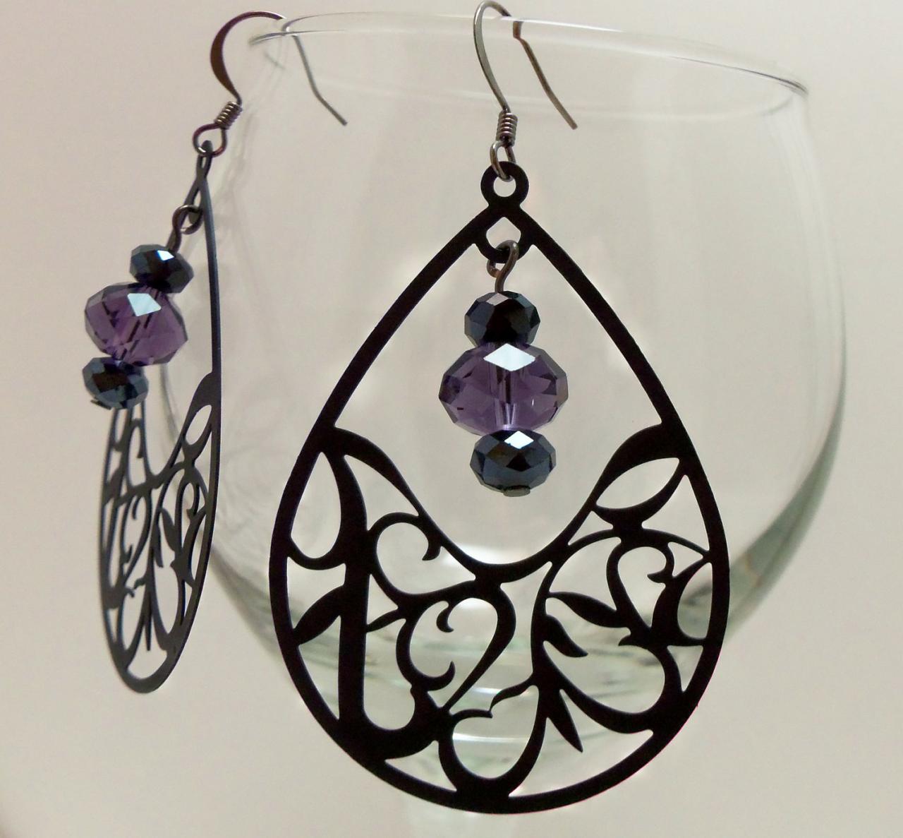 Purple Earrings Purple Jewelry Large Earrings Black Jewelry Statement Earrings Dangle Earrings Teardrop Earrings