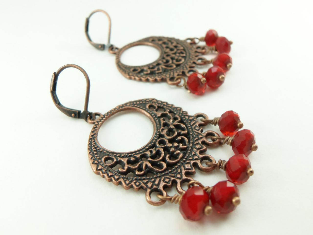 Blood Red Chandelier Earrings Copper Jewelry Antiqued Copper Filigree Earrings Red Beaded Earrings