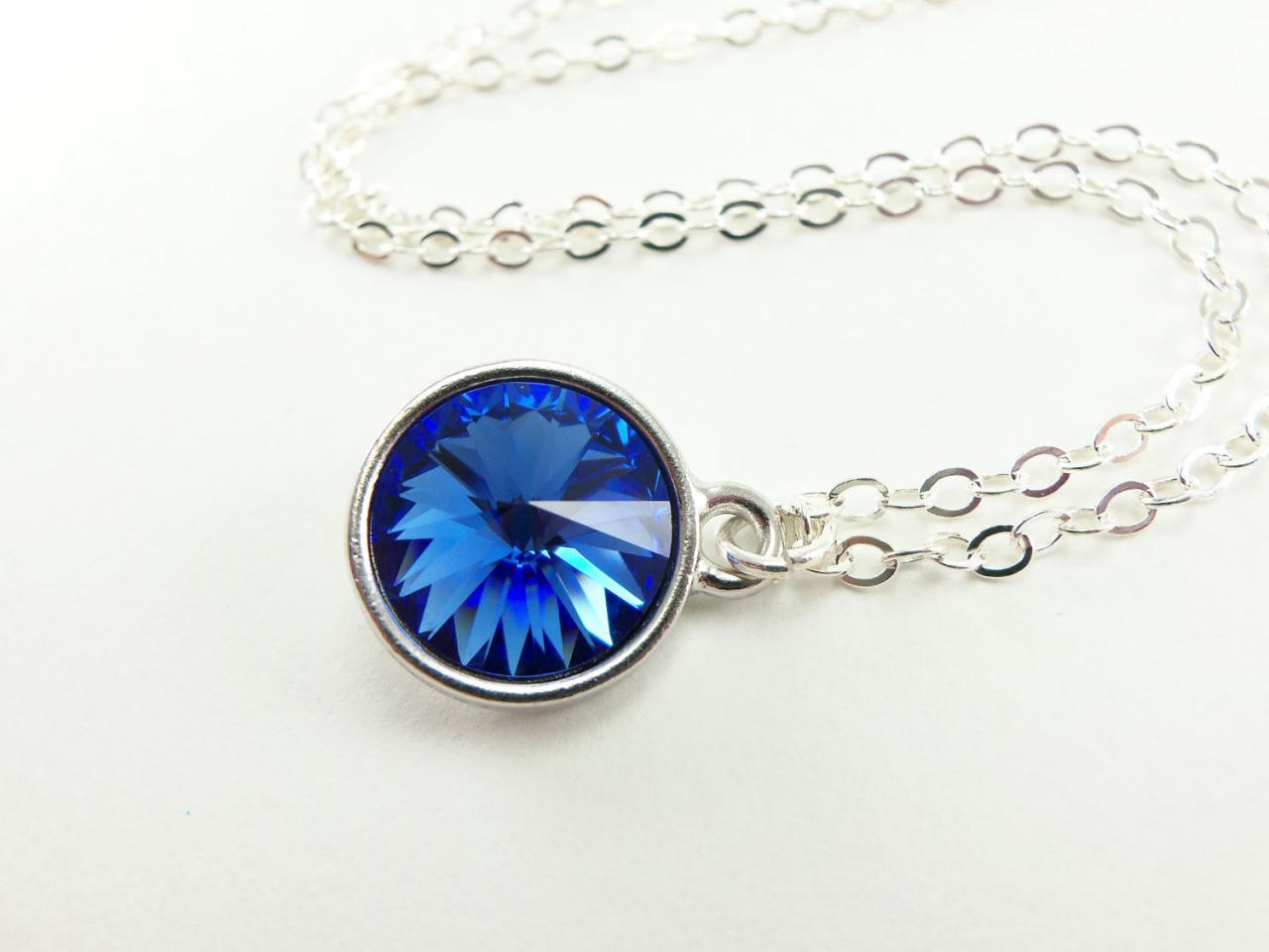 Sapphire Blue Sterling Silver Necklace September Birthstone Jewelry Blue Crystal Necklace Sapphire Pendant Rivoli