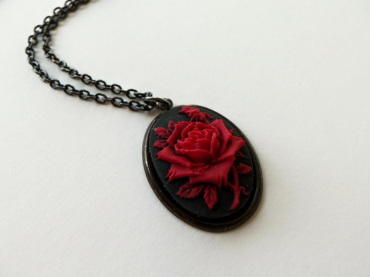 Rose Cameo Necklace Black Red Rose Pendant Gothic Jewelry Dark Red