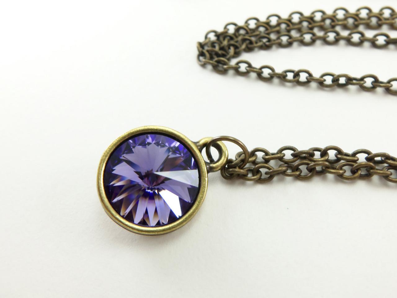 Violet Crystal Necklace Crystal Jewelry Antiqued Brass Modern Minimalist Necklace Violet Rivoli