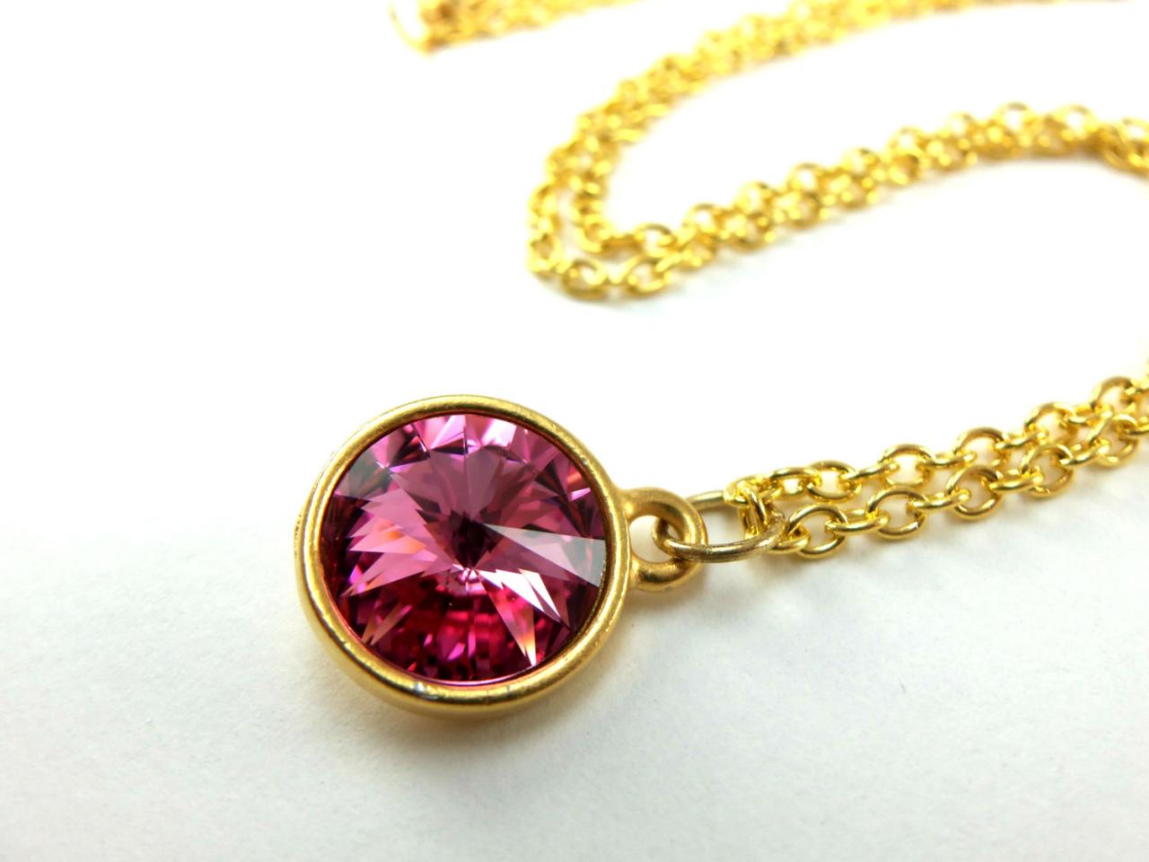 Gold Pink Necklace Crystal Rivoli Gold Jewelry Pink Crystal Necklace Gold Necklace Modern Minimalist