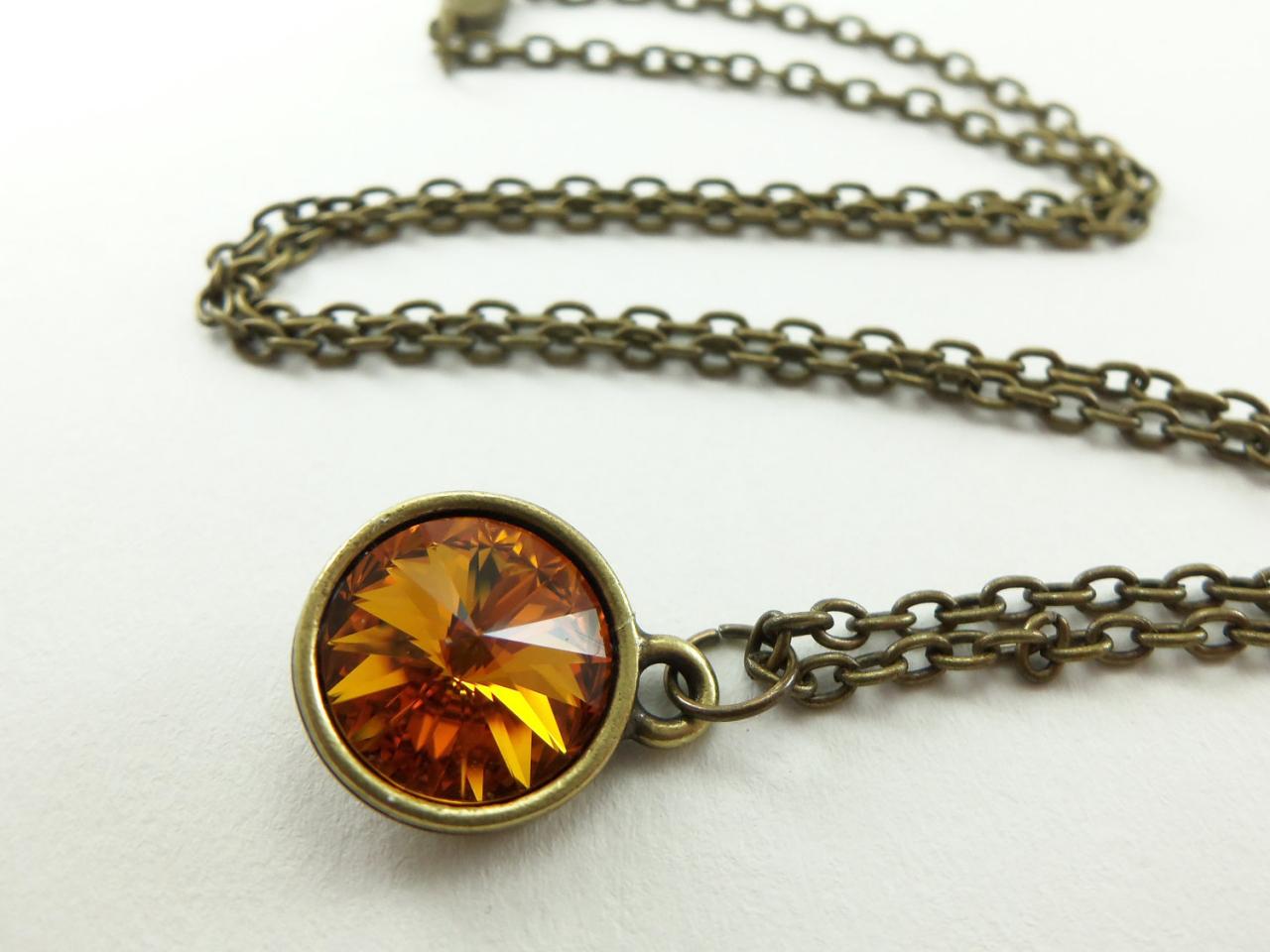 Orange Crystal Necklace Swarovski Orange Jewelry Antiqued Brass Rivoli Necklace