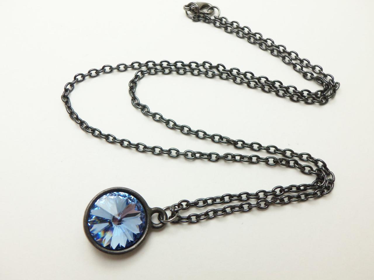 Light Blue Necklace Swarovski Crystal Gunmetal Jewelry Rivoli Modern Minimalist