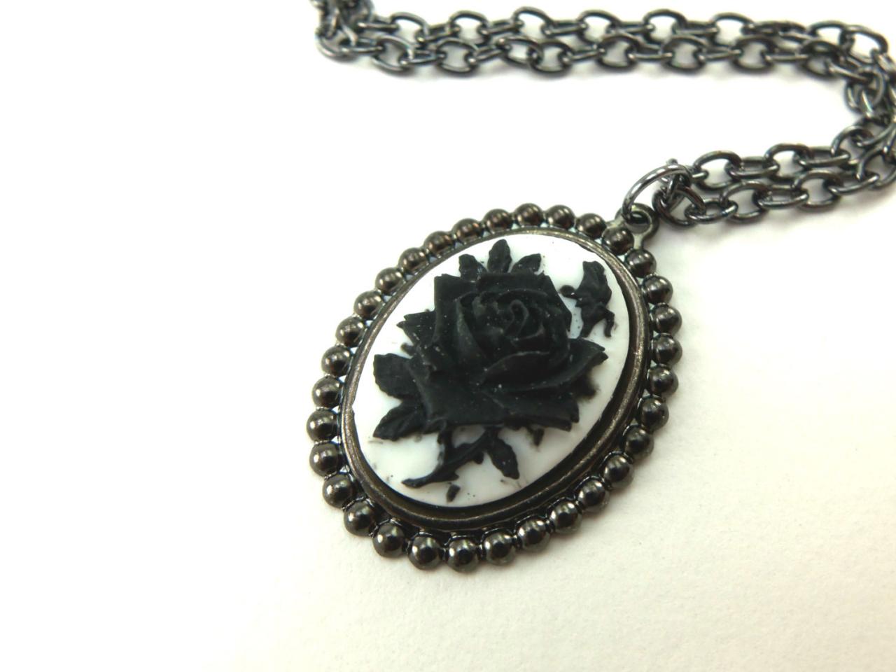 Gothic Cameo Necklace White Black Rose Pendant Dark Silver Gunmetal Jewelry