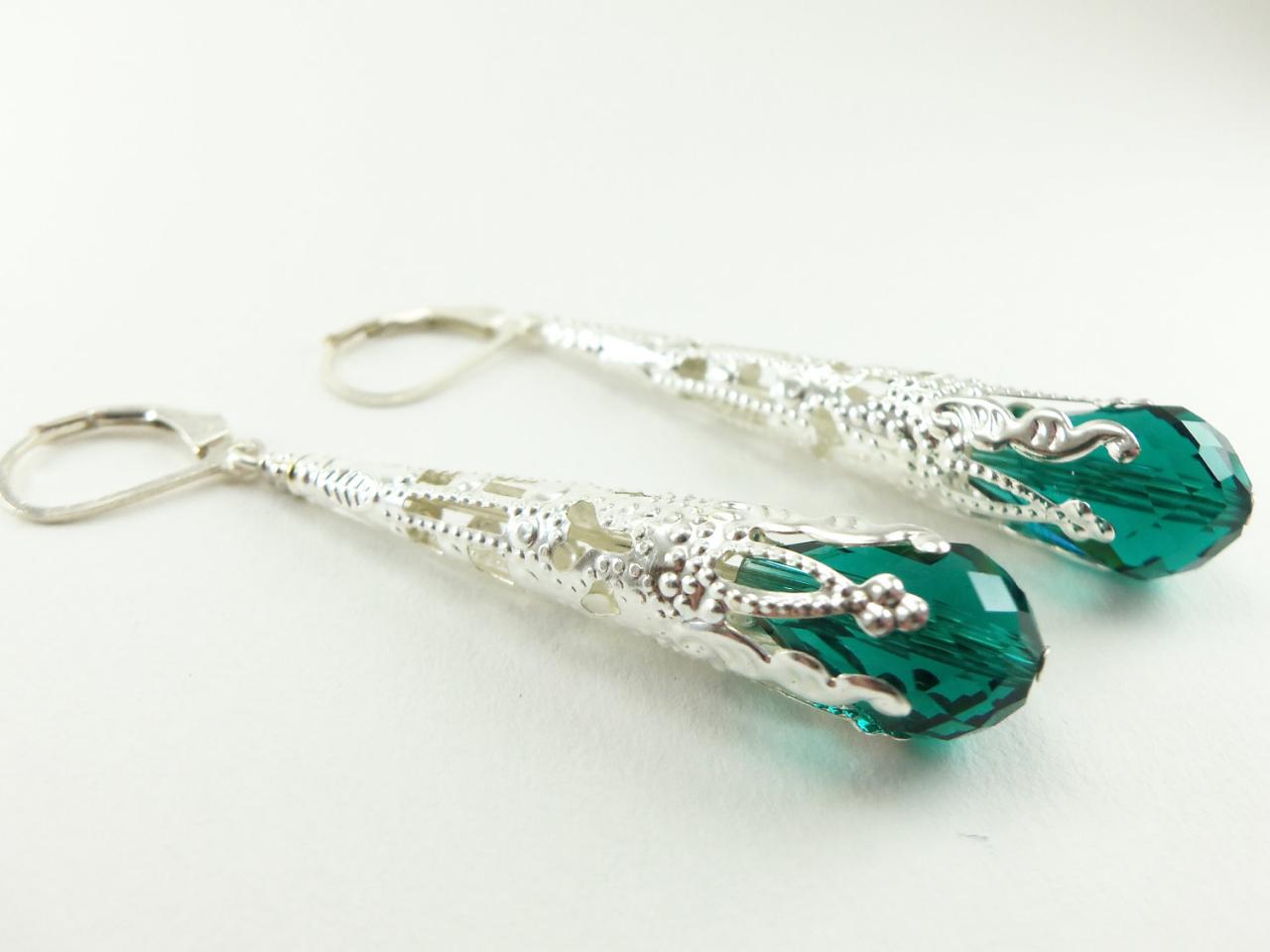 Long Silver Dangle Earrings Emerald Green Filigree Earrings Leverback Victorian