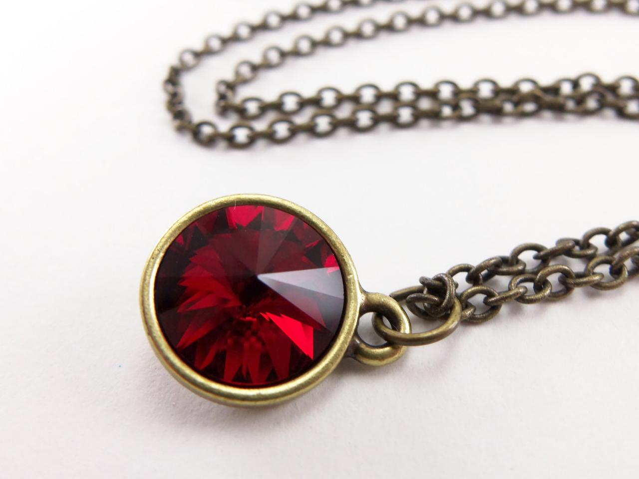 Ruby Red Crystal Necklace Antiqued Brass Jewelry Crystal Jewelry Rivoli Modern Necklace July Birthday Jewelry