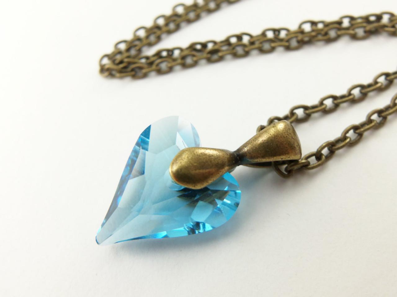 Aqua Necklace Crystal Heart Necklace Antiqued Brass March Birthstone Jewelry Aquamarine