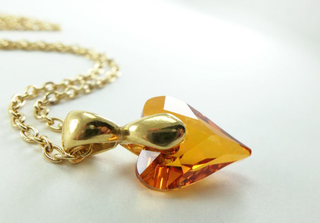 Gold Heart Necklace Gold Jewelry Orange Necklace Crystal Heart Jewelry