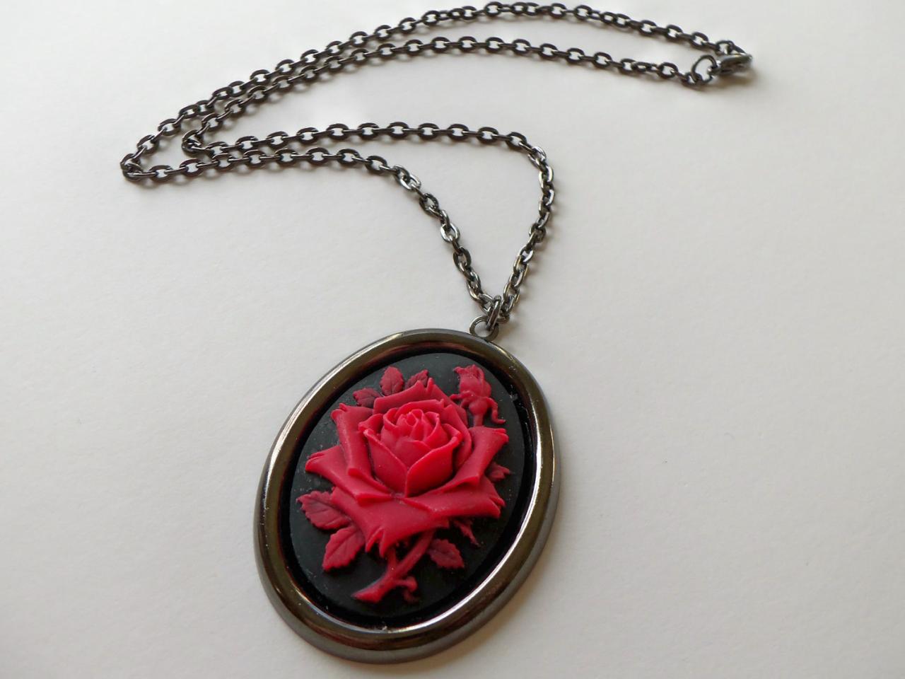 Rose Pendant Necklace Victorian Style Necklace Rose Cameo Black Jewelry Red Necklace Red Rose Jewelry Rose Pendant Necklace
