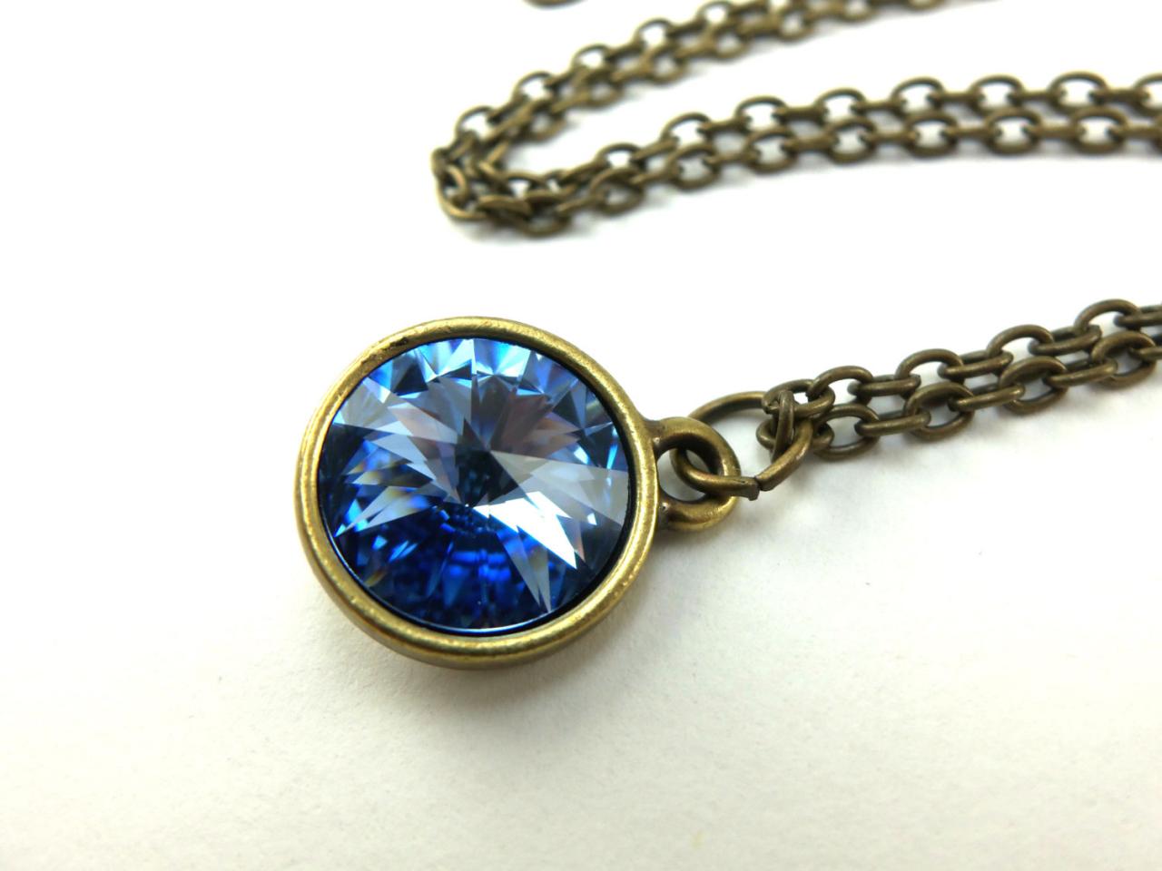 Light Sapphire Blue Crystal Necklace Swarovski Light Blue Rivoli Brass Jewelry