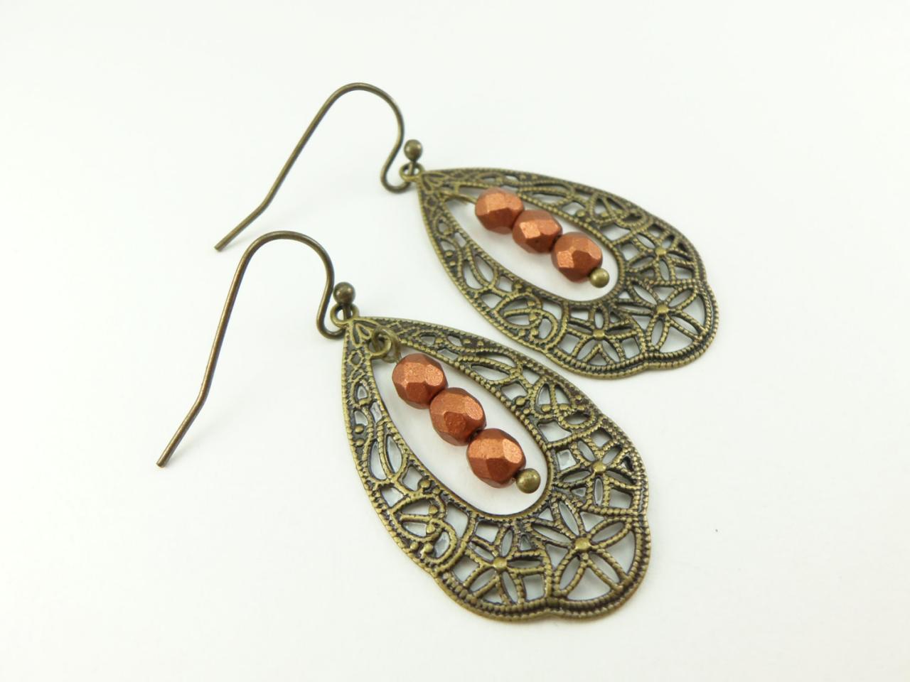 Burnt Orange Earrings Rust Colored Jewelry Brass Dangle Earrings Victorian Jewelry