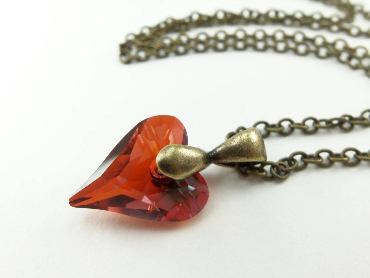 Red Heart Necklace Crystal Heart Pendant Antiqued Brass Necklace Red Crystal Necklace