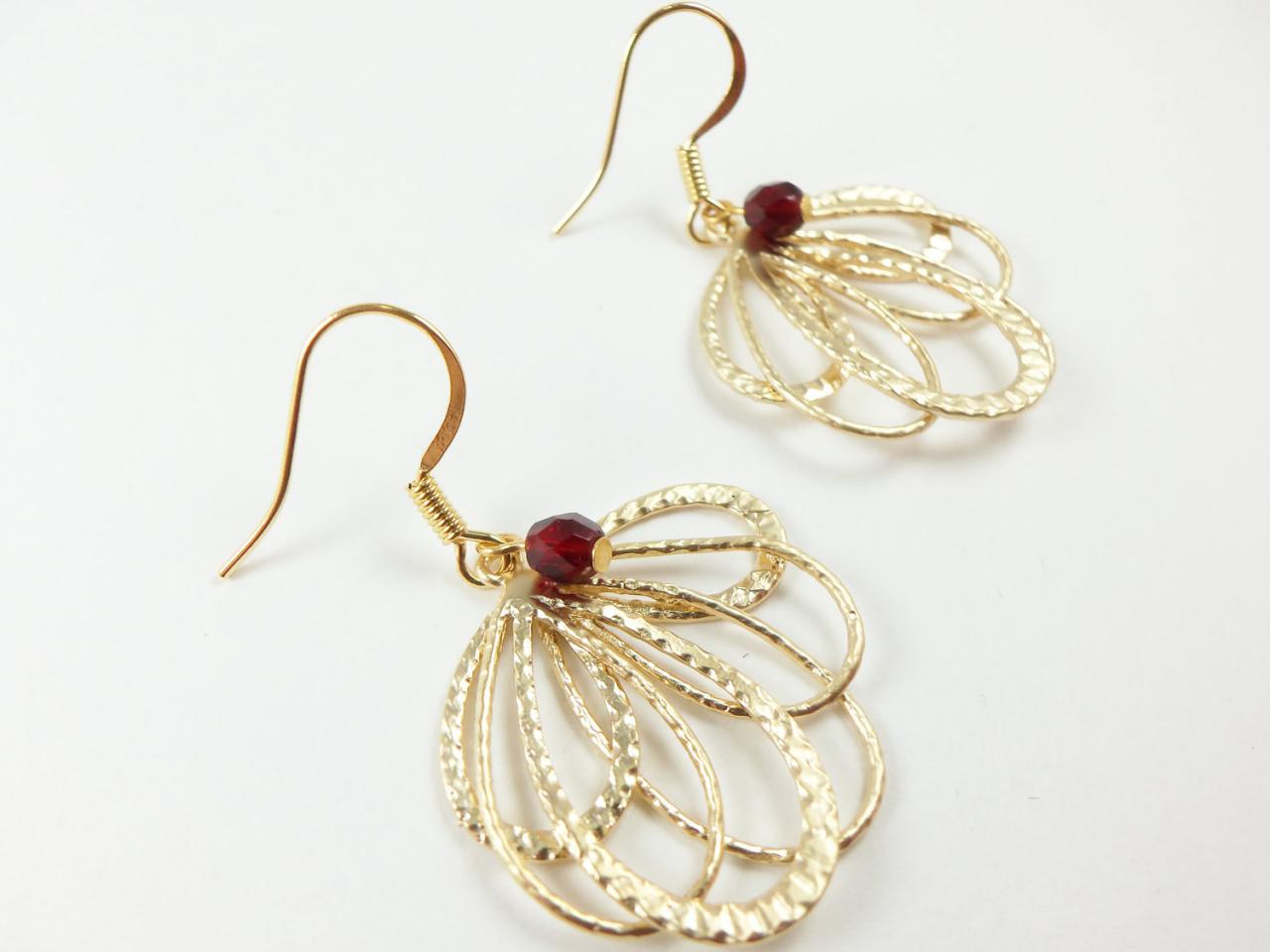 Gold Earrings Red Jewelry Metal Feather Loopy Earrings