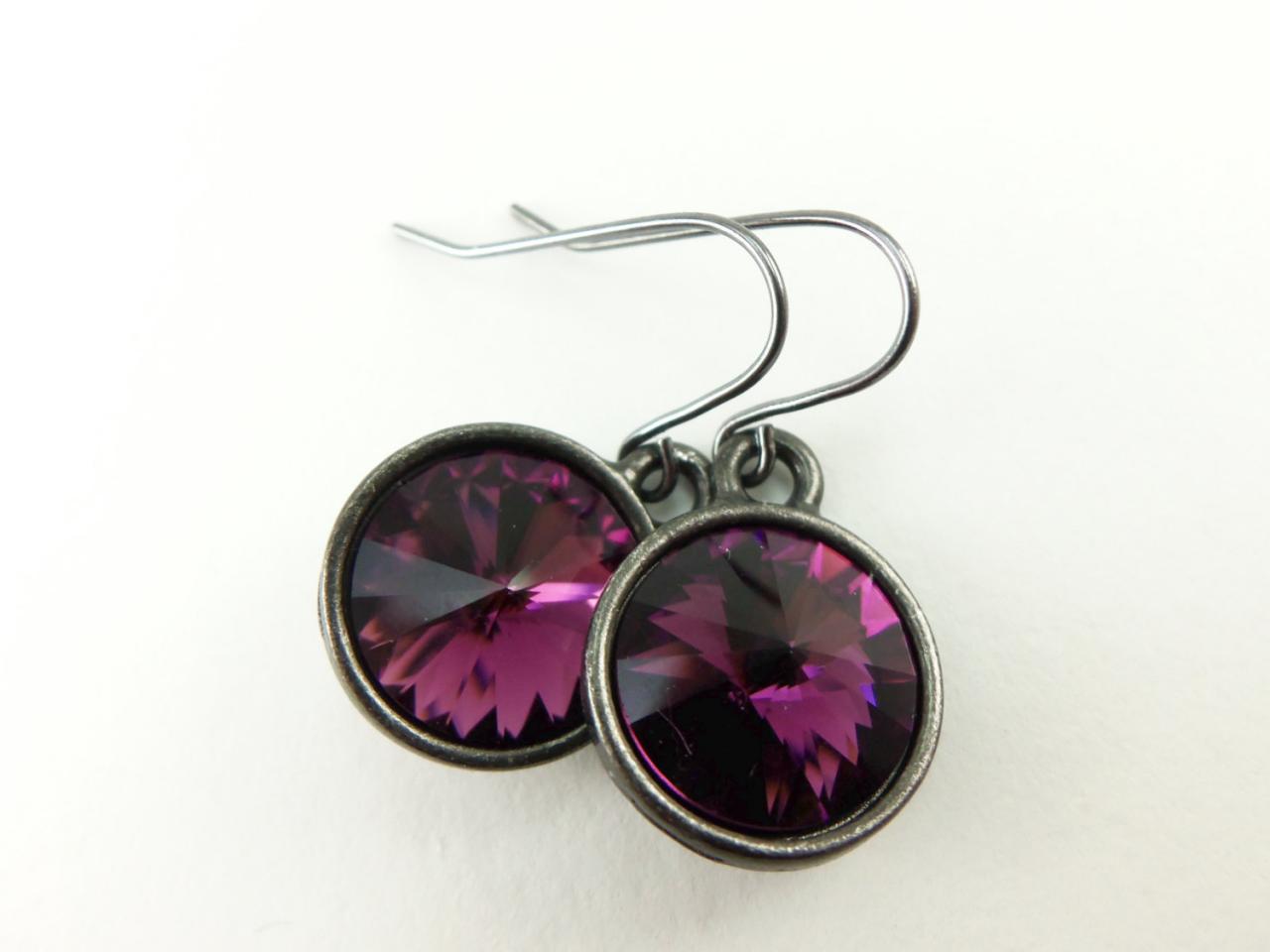 Purple Earrings Dark Purple Dangle Earrings Crystal Drop Dark Silver Gunmetal February Birthstone Amethyst