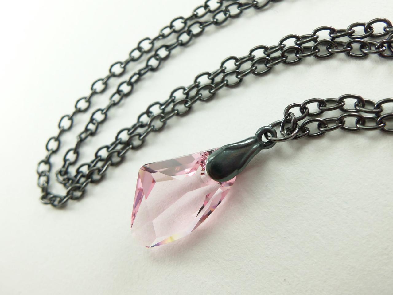Light Pink Necklace Gunmetal Crystal Swarovski Dark Silver Pendant Modern