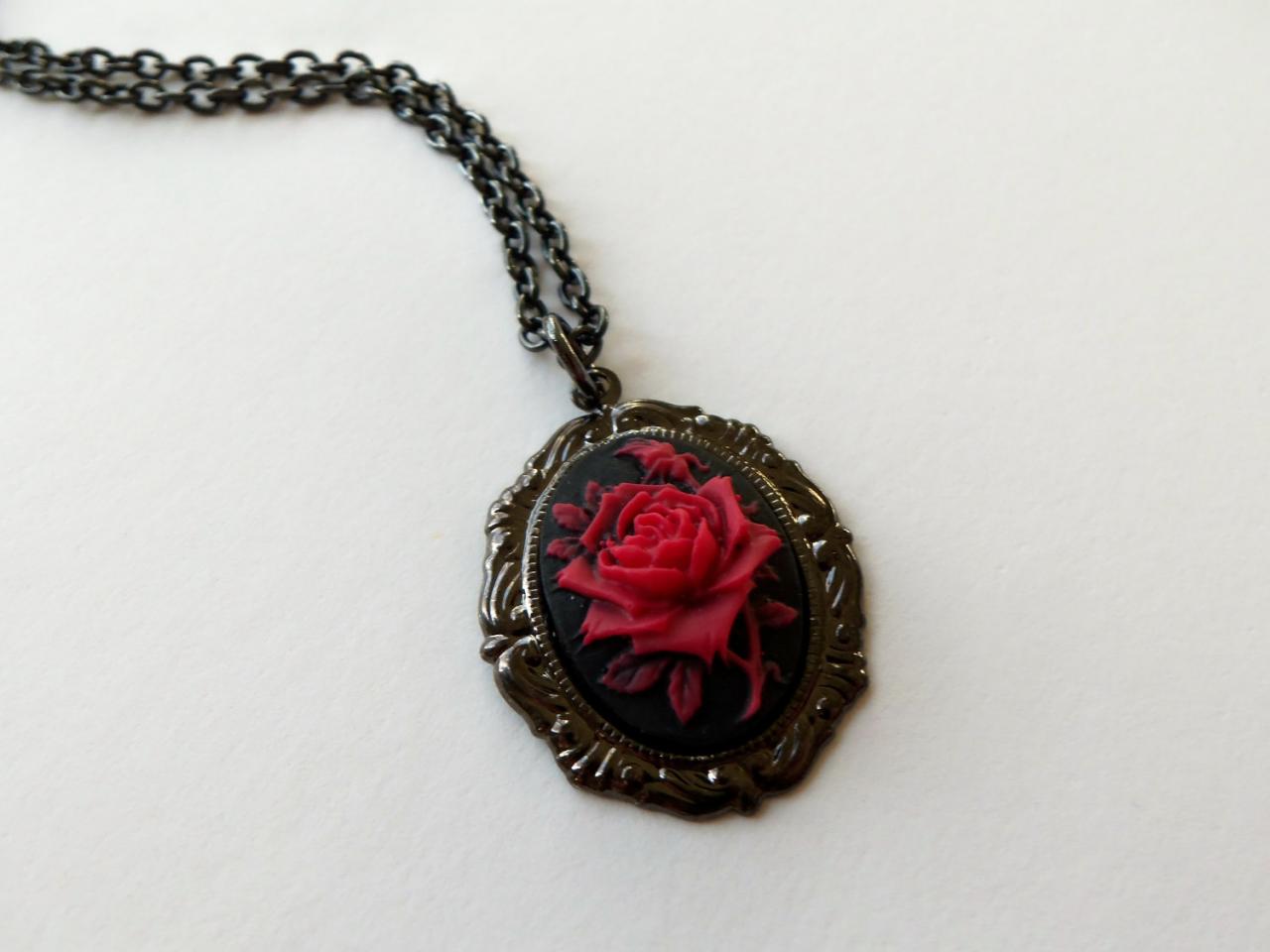 Cameo Necklace Rose Pendant Red Necklace Red Pendant Black Necklace Black Jewelry