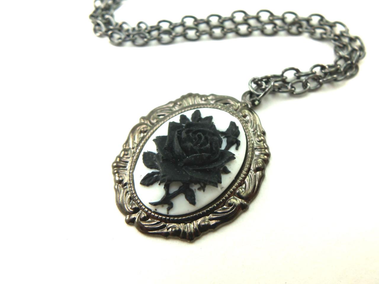 Black Rose Necklace Gothic Rose Pendant Black Necklace Black Jewelry Dark Silver Gunmetal Victorian