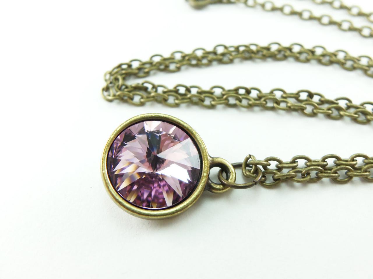 Light Violet Necklace Pale Purple Necklace Antiqued Brass Jewelry Circle Necklace Crystal Rivoli Necklace