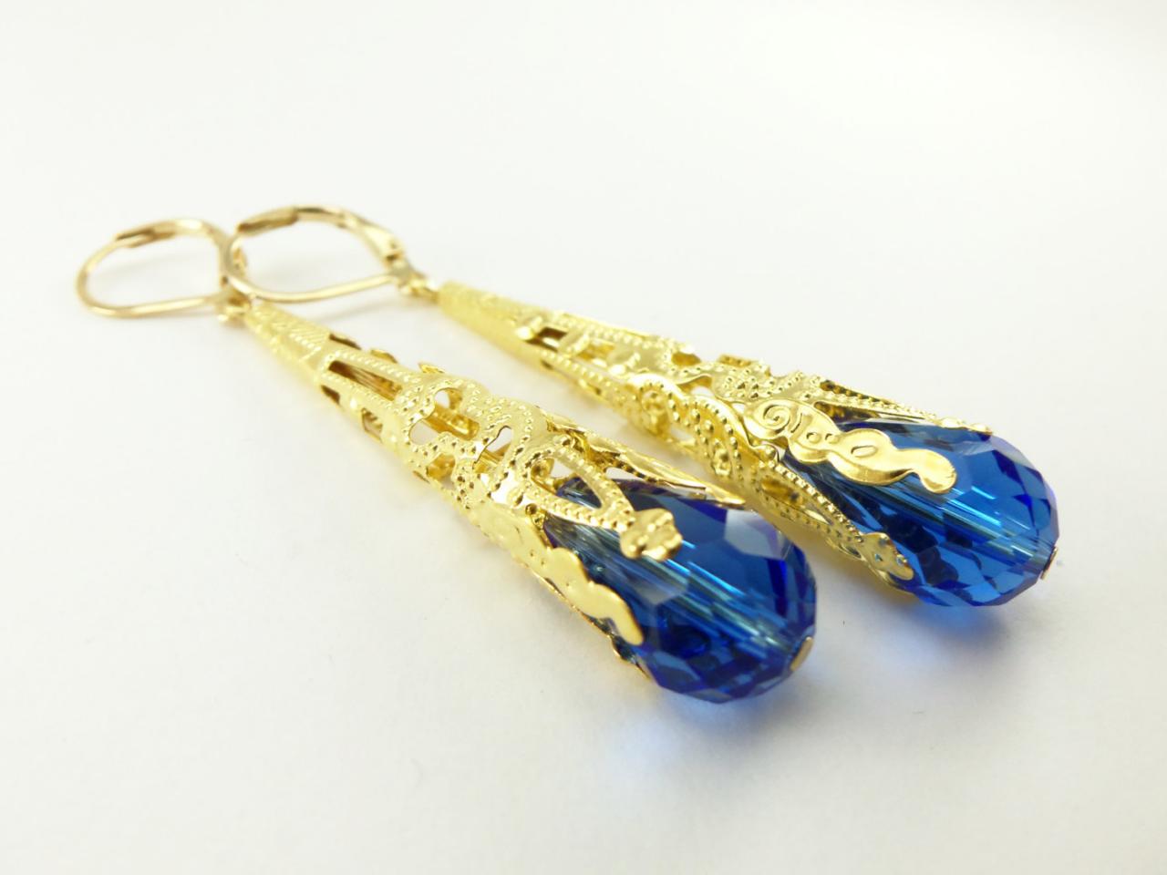 Blue Earrings Gold Filigree Dangle Earrings Long Cone Teardrop Earrings Wedding Formal Earrings