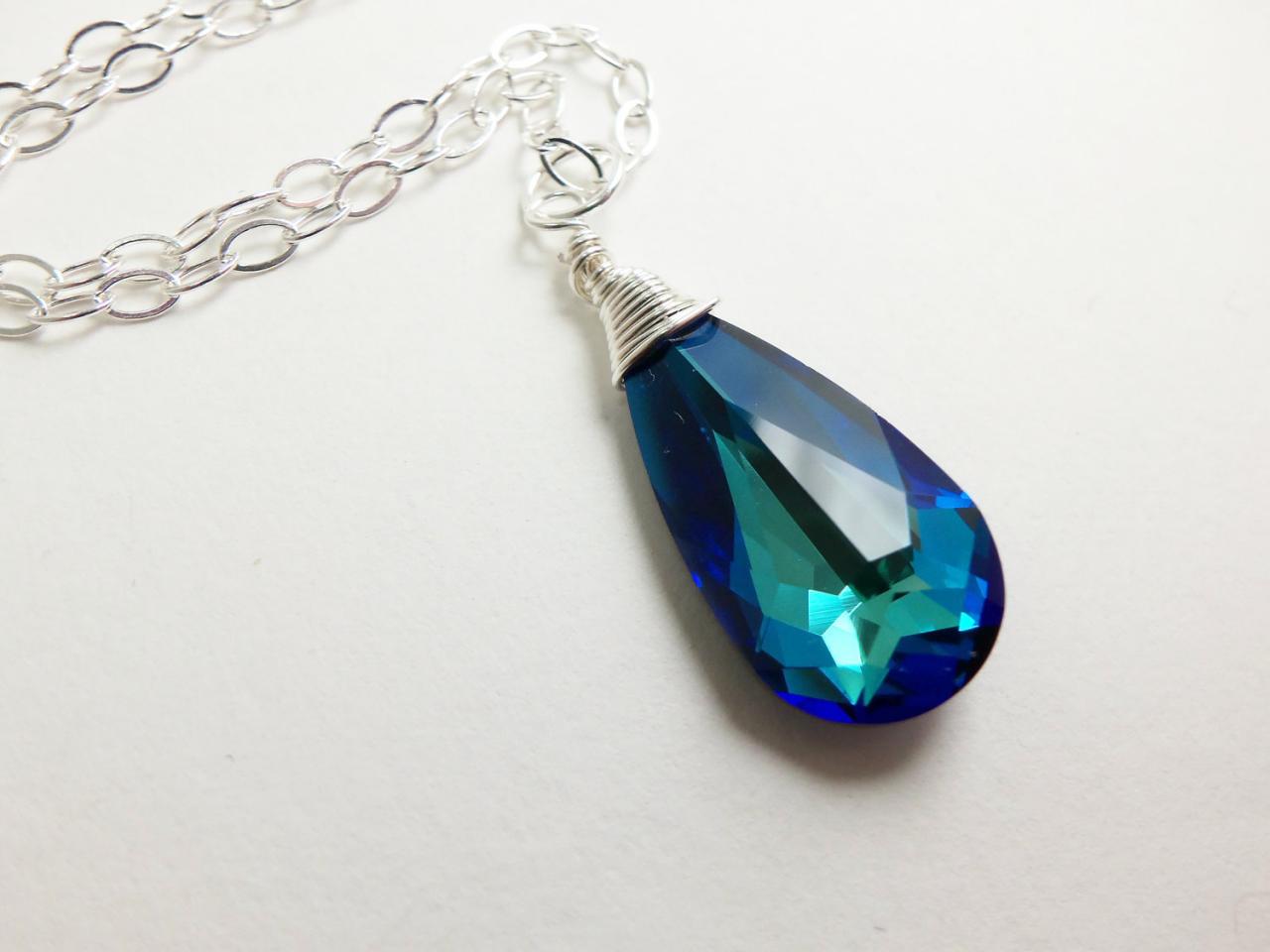 Blue Necklace Tear Drop Bridal Wedding Bridesmaid Wire Wrapped Dark Blue Jewelry Sterling Silver Necklace Briolette