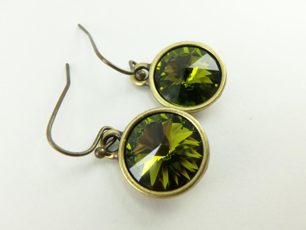 Olive Green Earrings Antiqued Brass Crystal Earrings Drop Earrings Dangle Green Earrings