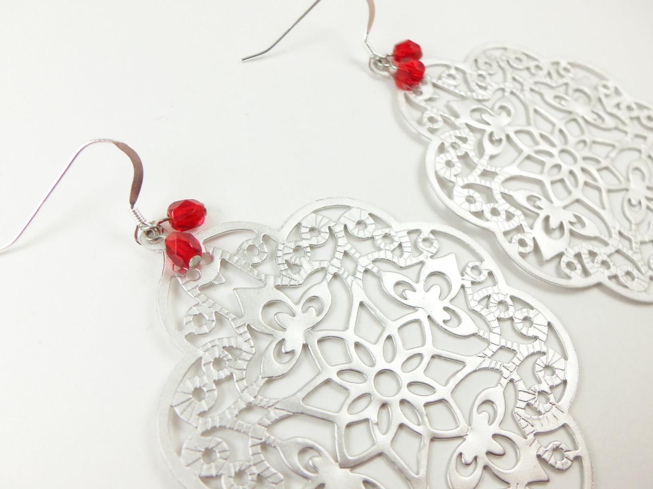 Red Earrings Sterling Silver Filigree Boho Chic Large Statement Jewelry Metal