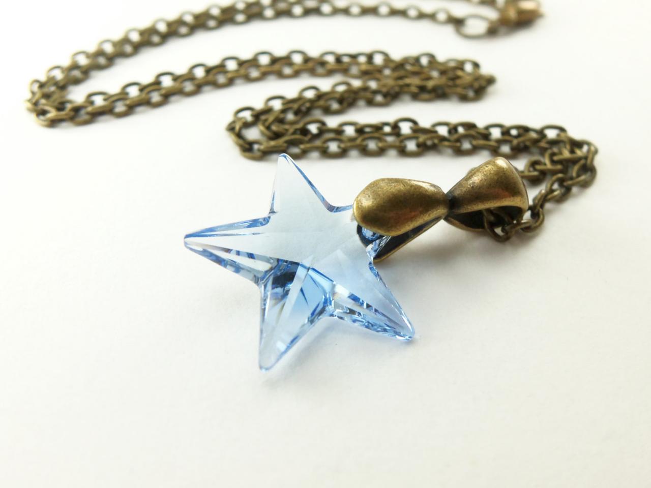 Light Blue Crystal Pendant Crystal Star Pendant Antiqued Brass Necklace Pale Blue Star Necklace